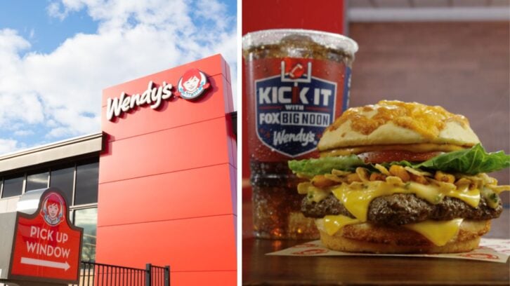 Front Exterior of Wendy's Fast Food Restaurant and Wendy's Loaded Nacho cheeseburger