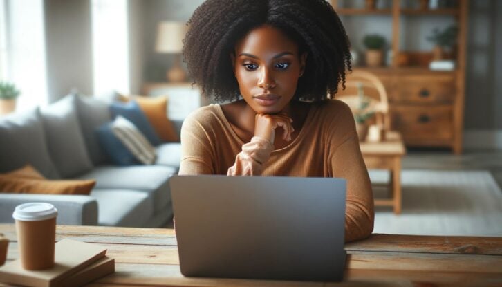 Woman looking at a computer while she online shops using Woot
