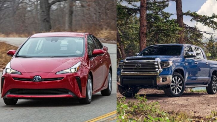 a red car and a blue truck