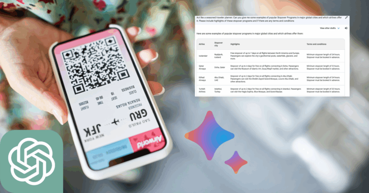 High angle upside down view of a woman holding smartphone with online ticket on screen, midsection and luggage blurred, ChatGPT logo, Google Bard logo, and a Google Bard chat