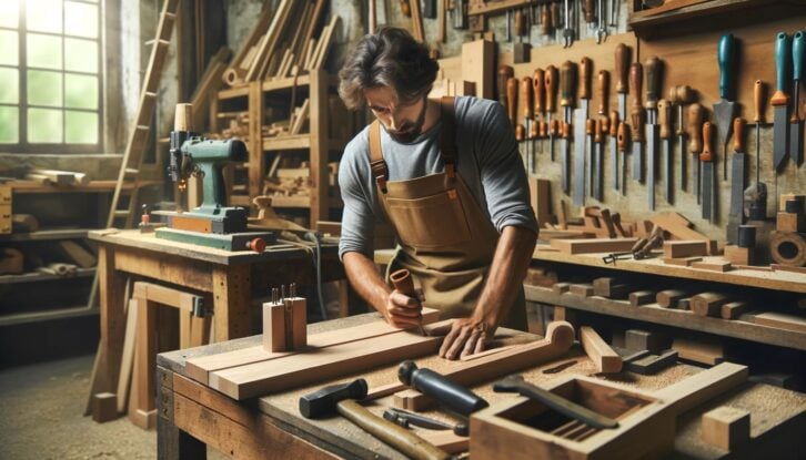AI-generated image of a woodworker in his wood shop