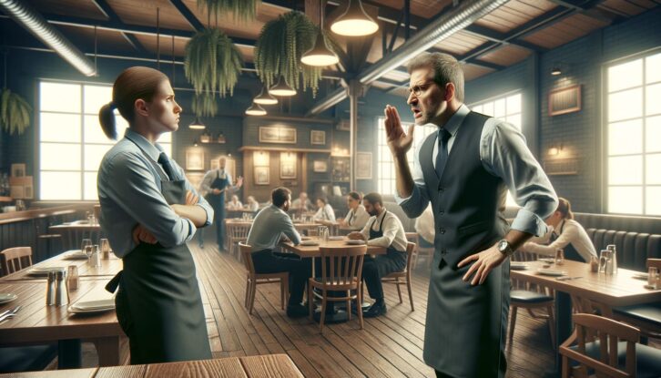 AI-generated image of a restaurant boss yelling at an employee