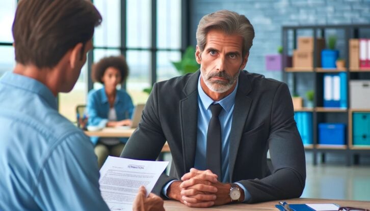 Image of an older man in a business suit getting fired from his job