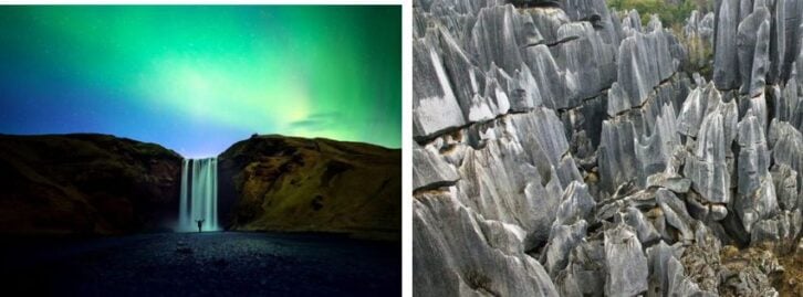 A waterfall under northern lights, a jagged rocky place in China