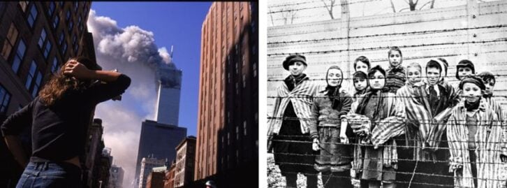 A woman watches the World Trade Center bombing, Holocaust survivors huddle behind barbed wire