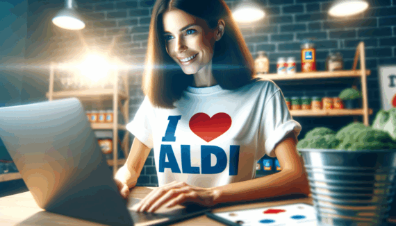 A smiling young woman wearing a t-shirt that says 'I LOVE ALDI' while sitting at her desk on a laptop doing social media, surrounded by wooden shelves of Aldi grocery items
