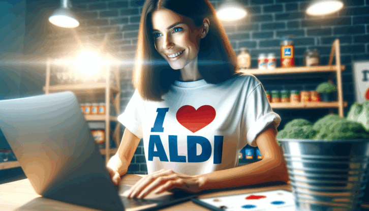 A smiling young woman wearing a t-shirt that says 'I LOVE ALDI' while sitting at her desk on a laptop doing social media, surrounded by wooden shelves of Aldi grocery items