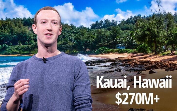 A photo illustration of Mark Zuckerberg against the area of Kauai, Hawaii where he is building a $270M compound.