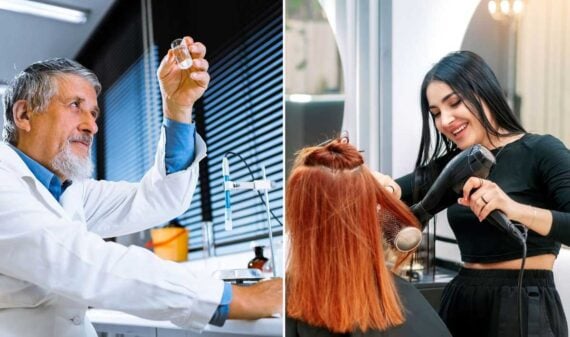 A split image: on the left, a male scientist examines a vial in a lab; on the right, a hairstylist blow-dries a woman&rsquo;s hair&mdash;two examples of jobs AI can't replace, both professionals deeply focused on their tasks.