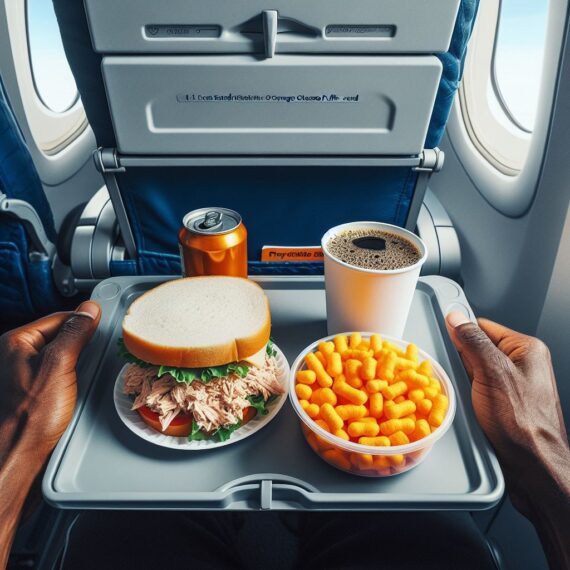 AI generated image of someone on a plane with a tuna sandwich and cheese puffs