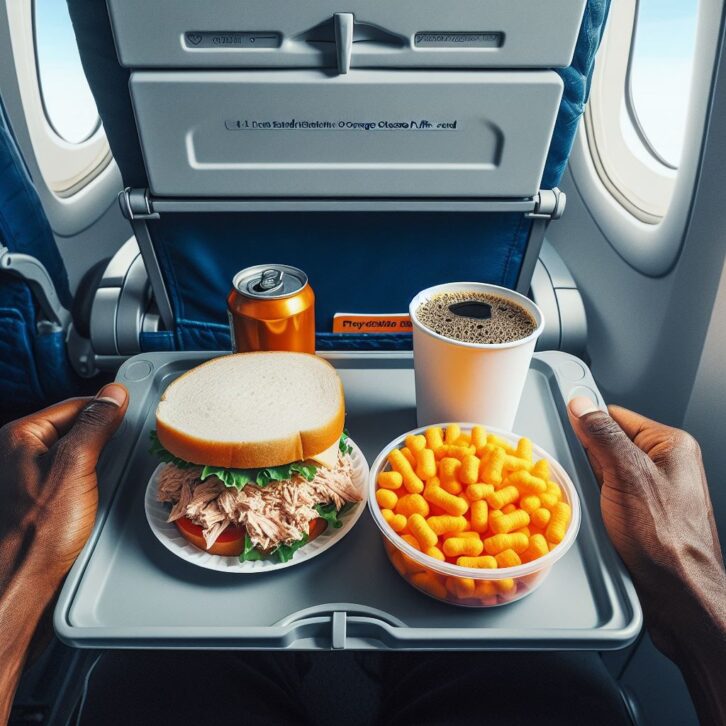 AI generated image of someone on a plane with a tuna sandwich and cheese puffs