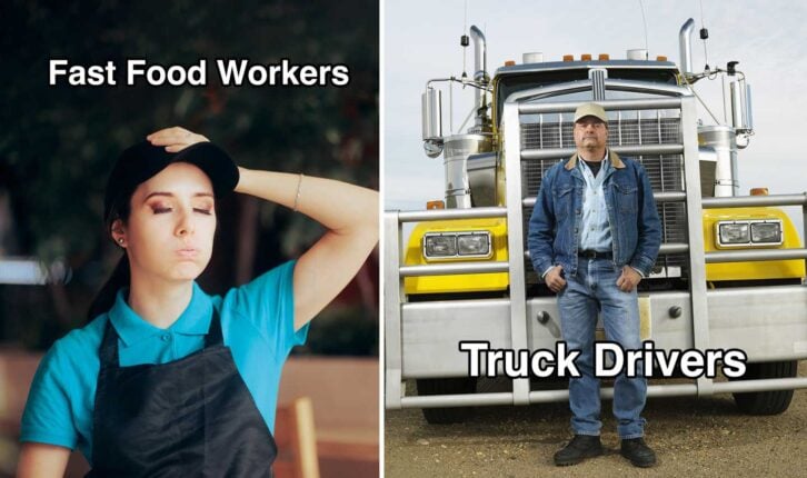 Fast food worker looking exhausted, truck driver standing in front of his truck