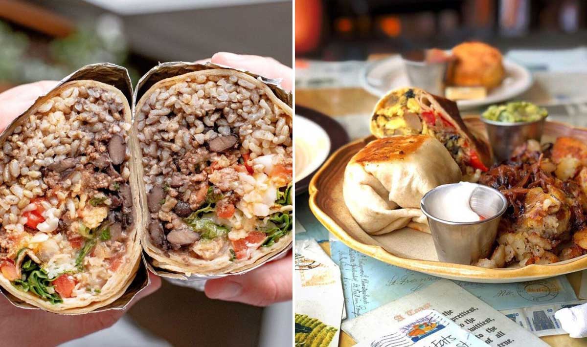 A split image: on the left, two hands hold a halved burrito filled with rice, beans, vegetables, and meat; on the right, a plate featuring the best breakfast burrito, sauces, guacamole, and a side dish on a colorful table.