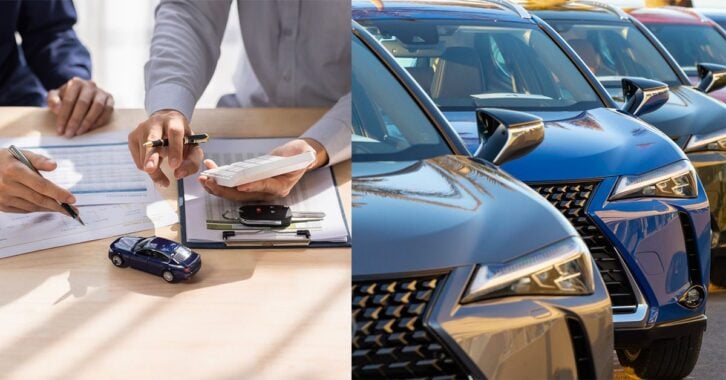 A collage of new cars in a lot next to a car dealer in front of paperwork at their desk.