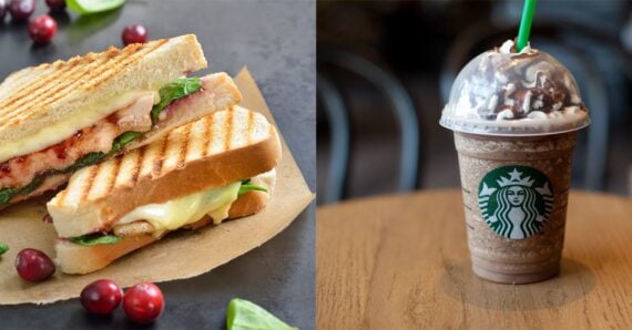 An image of a chicken sandwich and a java chip frappuccino.