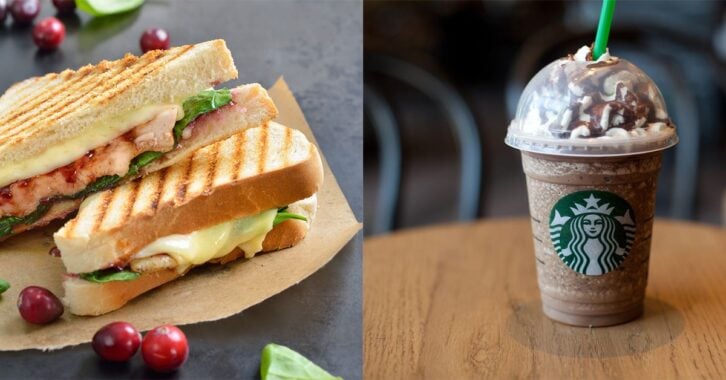 An image of a chicken sandwich and a java chip frappuccino.
