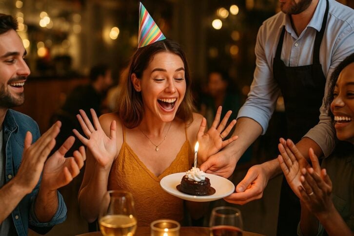Woman receiving a birthday cake at a restaurant on her birthday