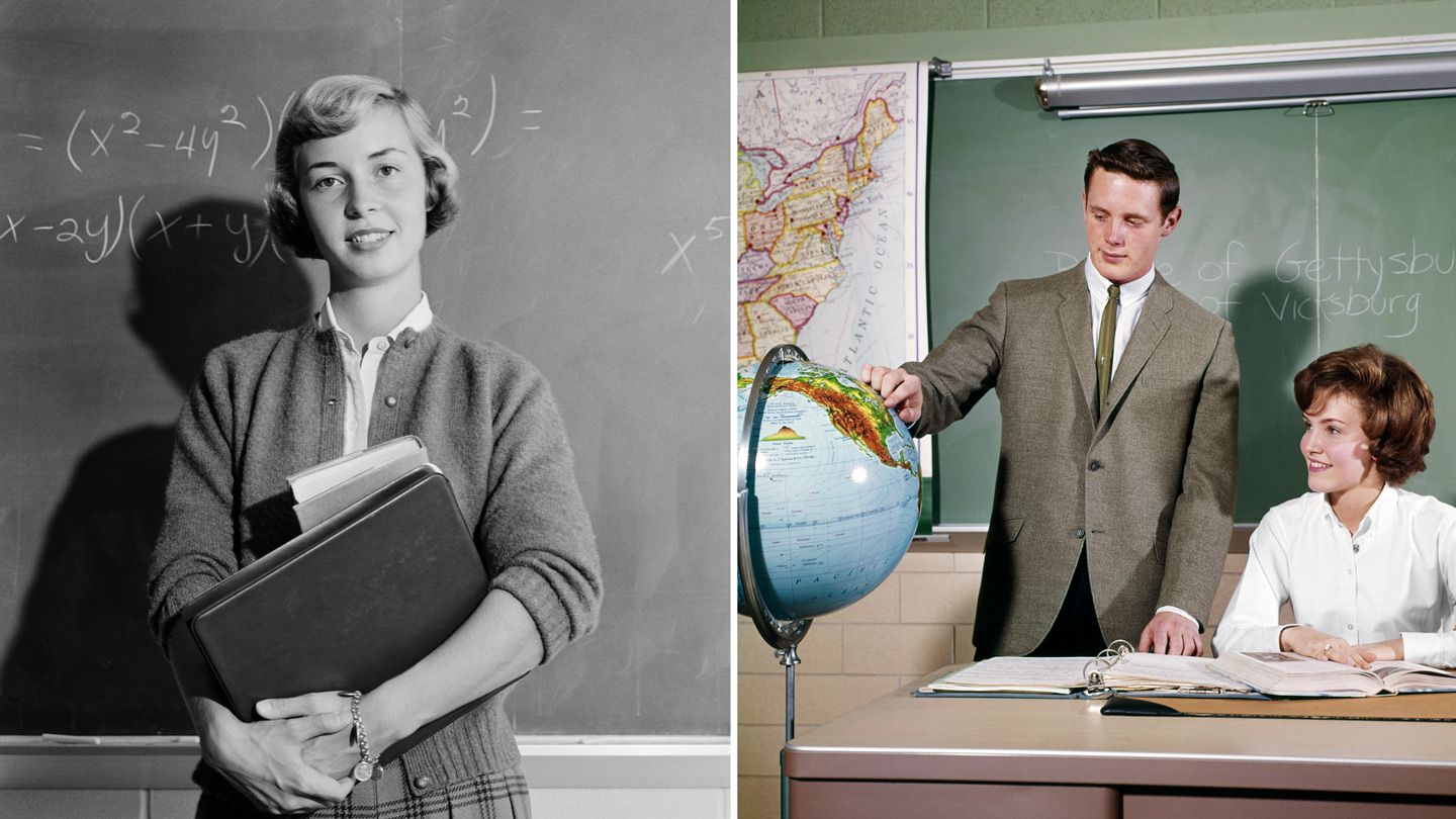 Young woman in high school in the 60s, student pointing to a globe in a classroom in the 60s
