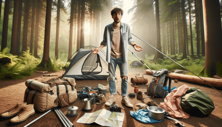 AI-generated image of a person looking clueless and unprepared while on a camping trip