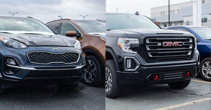 A diptych image of a Kia and a GMC SUV side by side.