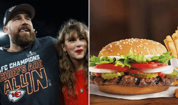 Travis Kelce, Taylor Swift next to a whopper