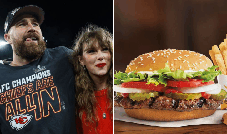 Travis Kelce, Taylor Swift next to a whopper
