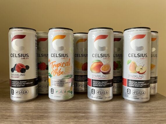 8 flavors of celsius energy drink lined up next to each other
