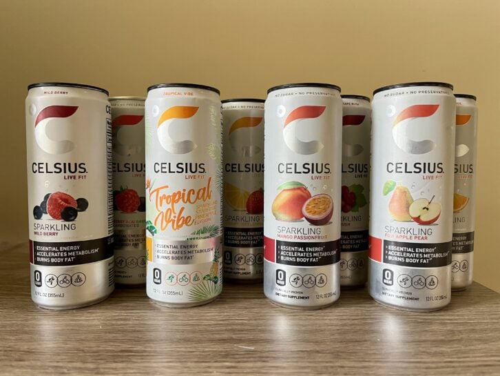 8 flavors of celsius energy drink lined up next to each other