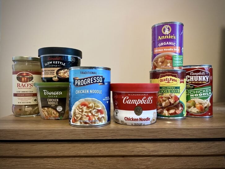 8 brands of chicken noodle soup lined up next to each other