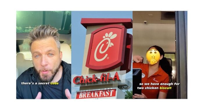 Three still images from a viral TikTok video about a free breakfast hack at Chick-fil-A.