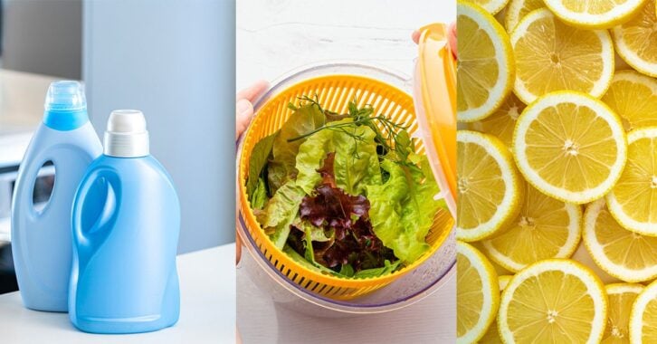 A collage of lemons, oven cleaner, and a salad spinner.