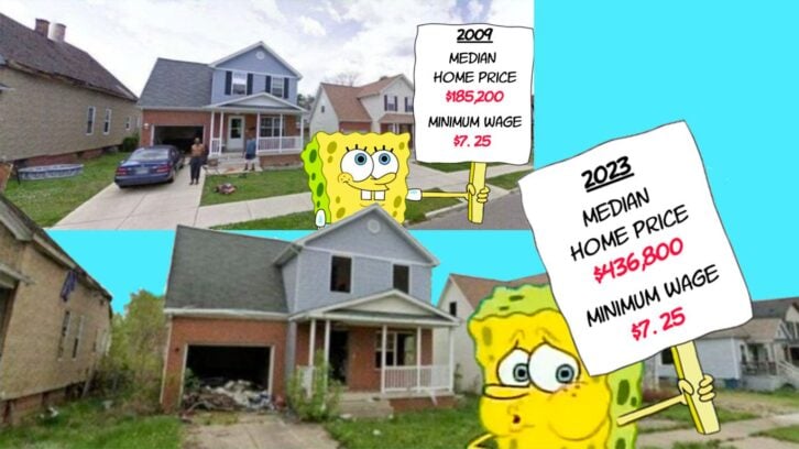 An edited meme of Spongebob "from" 2009 and 20023. He's holding a placard that compares the wildly different costs of living in both years.