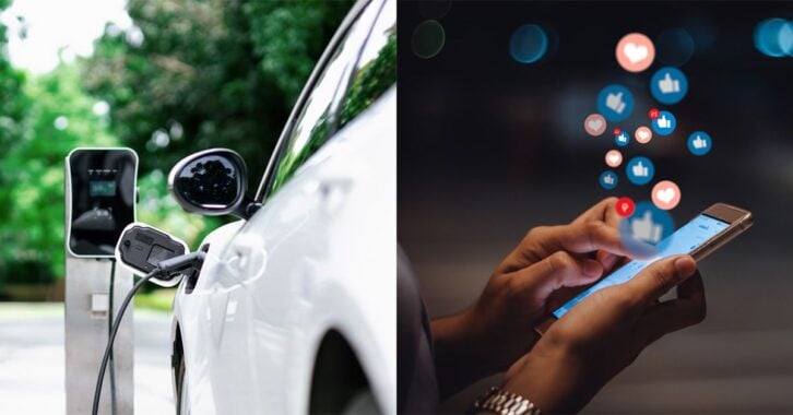 An image of an electric car charging up next to an image of someone using social media on their phone.