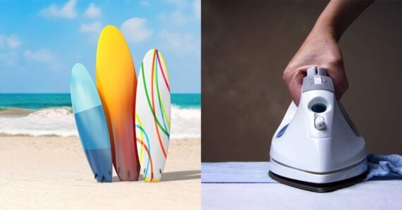 A clothes iron image next to an image of a few surfboards on a sunny beach.