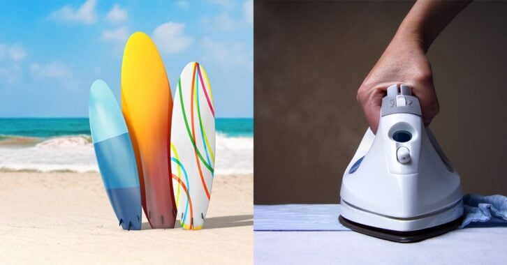 A clothes iron image next to an image of a few surfboards on a sunny beach.