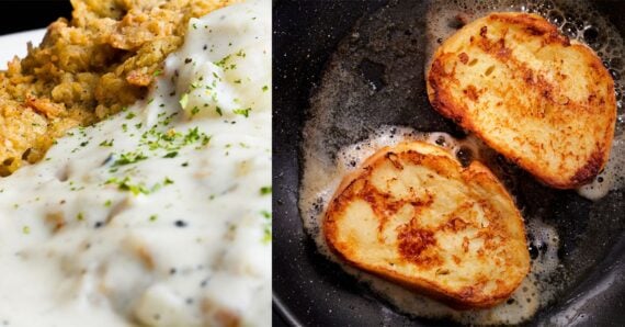 An image of a chicken fried steak in gravy next to an image of deep fried french toast.
