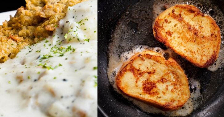An image of a chicken fried steak in gravy next to an image of deep fried french toast.