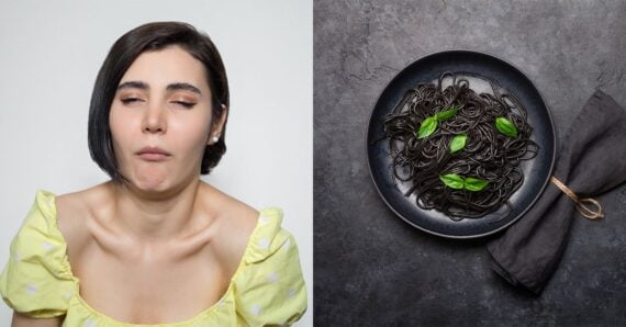 An image of black pasta with the grossed out reaction.