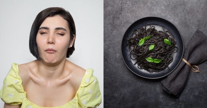 An image of black pasta with the grossed out reaction.