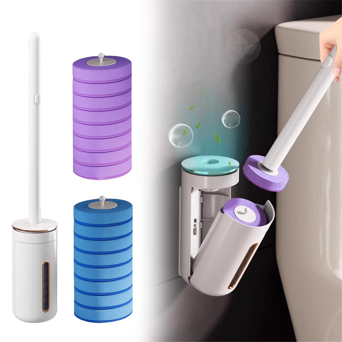 A toilet brush with a long handle and replaceable round cleaning pads is shown. Two stacks of blue and purple pads are displayed, and the brush is seen being placed into a wall-mounted holder beside a toilet.