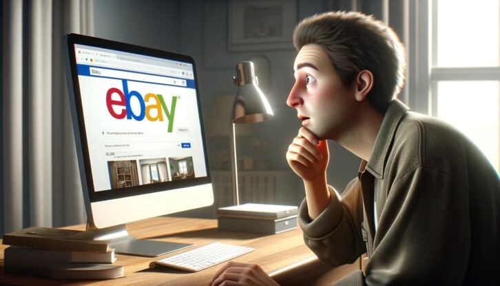 AI-generated image of a man surprised by what he finds on eBay