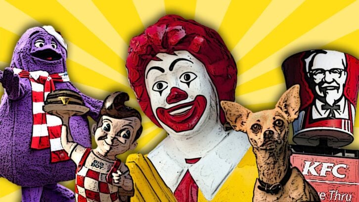 A compilation of fast food mascots against a bright yellow background