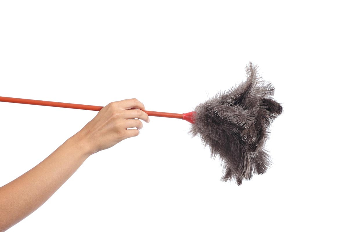 A hand holding a feather duster with a red handle, isolated on a white background.