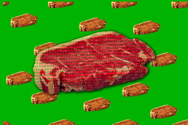 A piece of raw steak with binary code on it against a raw steak pattern over bright green.