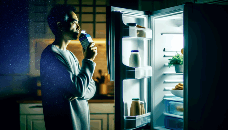 AI-generated image of a person considering drinking expired milk