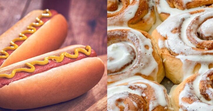 An image of hot dogs next to an image of cinnamon rolls.
