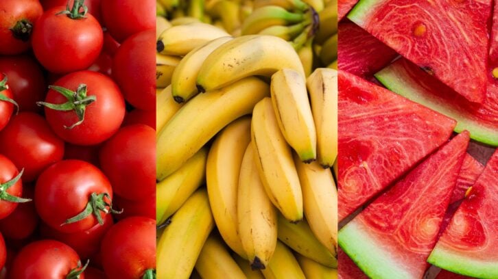 A collage of bananas and watermelons and tomatoes.