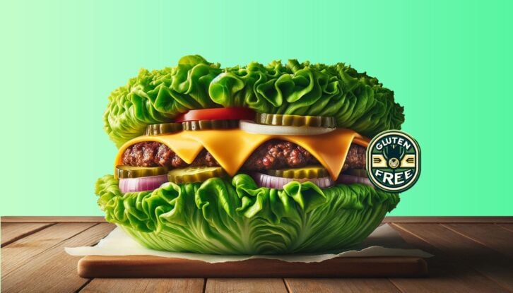 AI-generated image of a cheeseburger where the bun is substituted with lettuce. The burger consists of a patty, cheese, tomato slices, onions, and pickles, all encased in large, crisp lettuce leaves. There is a gluten free badge on it.