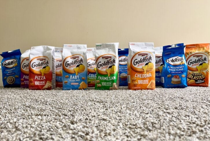 12 flavors of goldfish lined up next to each other