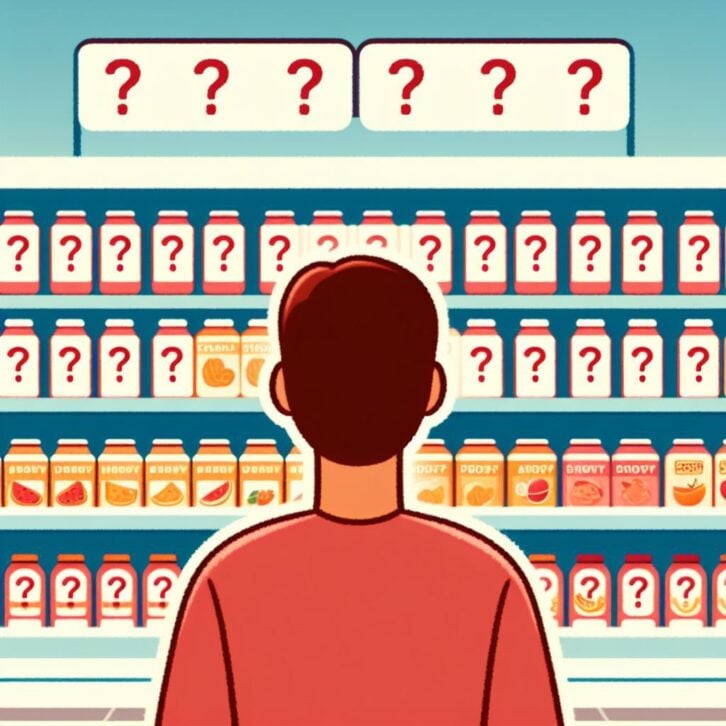 somebody looking at a shelf full of question mark food, A.I. art from bing image creator